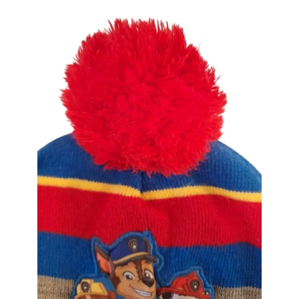 Paw Patrol Striped Beanie Hat Kids Toddler 2-5T Knit Fleece Lined Pom Pom